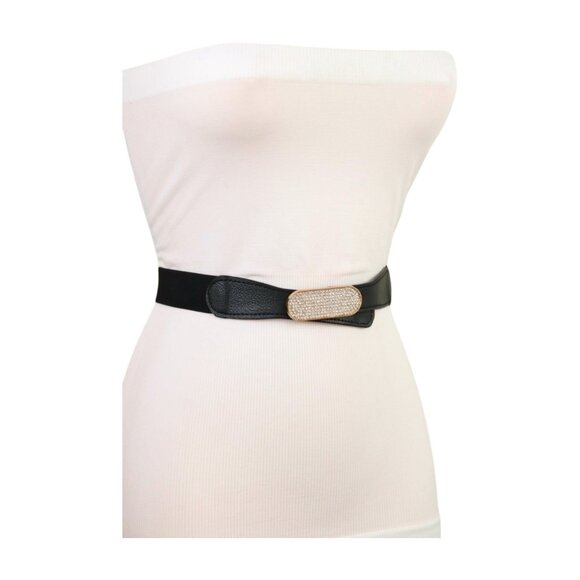 New Fun Women Black Stretch Waistband Fashion Belt Gold Oval Bling Buckle S M - Picture 6 of 17
